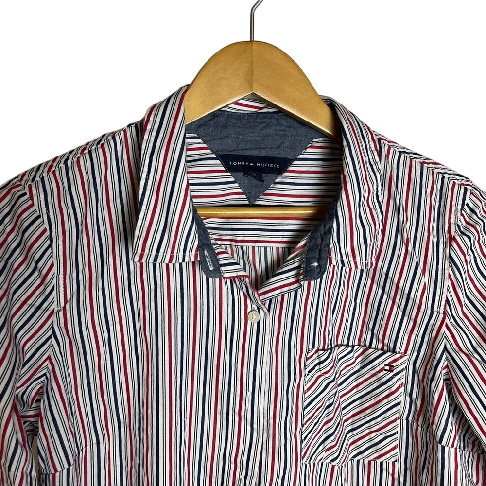 Tommy Hilfiger Striped Button Down Shirt Large Red Blue Preppy Office Classic